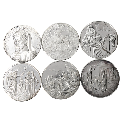 140 - A set of 6 Geoffrey Chaucer silver commemorative medallions, 235g total