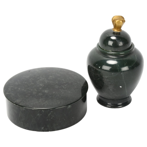 146 - 2 finely turned 19th century green ophite serpentinite pots, comprising a circular box 9cm across, h... 