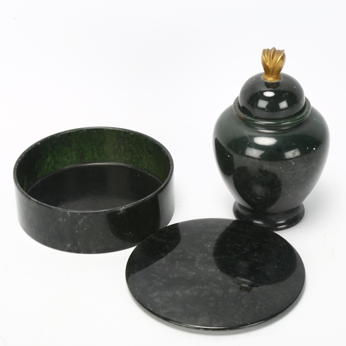 146 - 2 finely turned 19th century green ophite serpentinite pots, comprising a circular box 9cm across, h... 