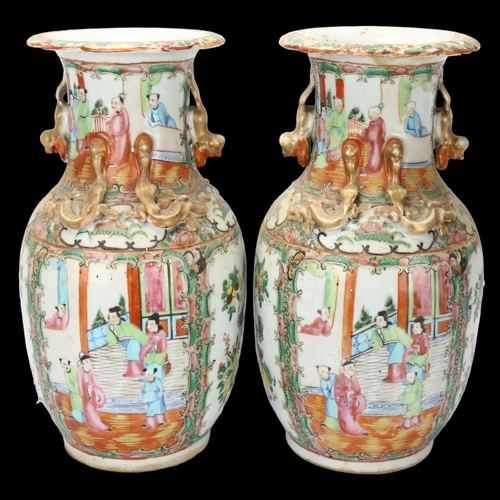 158 - Pair of Chinese famille rose porcelain vases, with dragon mounted necks and hand painted decoration,... 