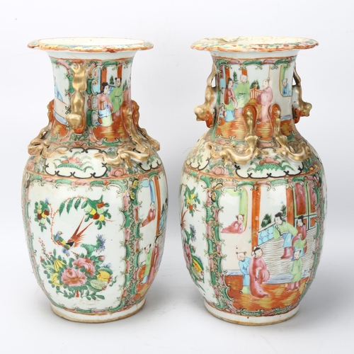 158 - Pair of Chinese famille rose porcelain vases, with dragon mounted necks and hand painted decoration,... 