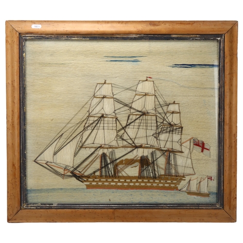 166 - A 19th century sailor's woolwork picture depicting a 3-masted ship at full sail, maple frame, overal... 