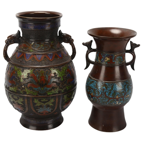 170 - 2 Chinese bronze and champleve enamel 2-handled vases, height 30cm and 26cm