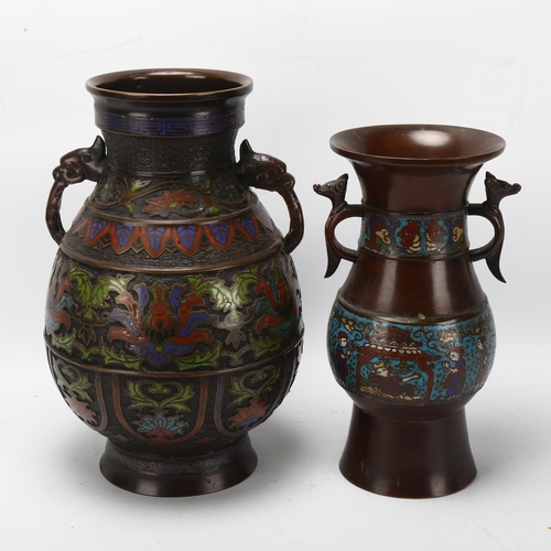 170 - 2 Chinese bronze and champleve enamel 2-handled vases, height 30cm and 26cm