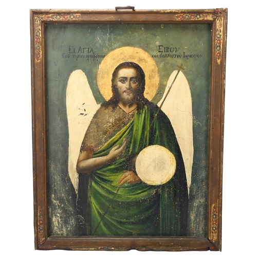 179 - A Greek painted wood religious icon, in original painted and lacquered frame, 53cm x 41cm