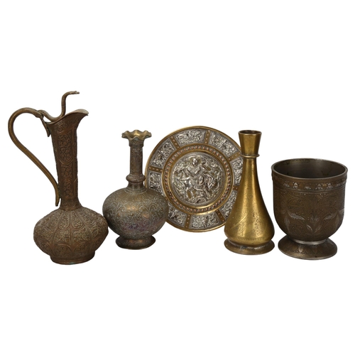 190 - A group of Islamic metalware, including a silver inlaid brass plate, diameter 20cm (5)