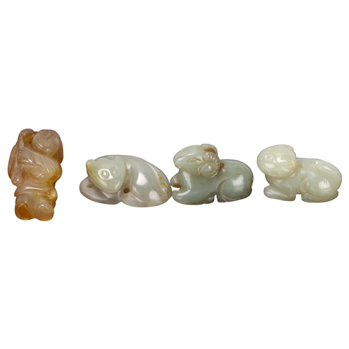 197 - 4 miniature carved jade toggle carvings, comprising a figure holding lingzhi fungus (height 4cm), a ... 