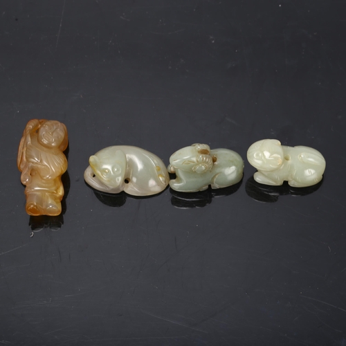 197 - 4 miniature carved jade toggle carvings, comprising a figure holding lingzhi fungus (height 4cm), a ... 