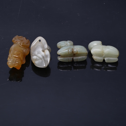 197 - 4 miniature carved jade toggle carvings, comprising a figure holding lingzhi fungus (height 4cm), a ... 