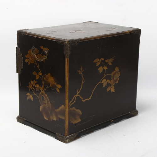 201 - A small Japanese Meiji Period lacquer table cabinet, with gilded butterfly decorated top, shaped rel... 