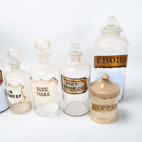 202 - A group of 19th century chemist's jars, including a blue glaze pottery lidded jar, height 27cm (9)