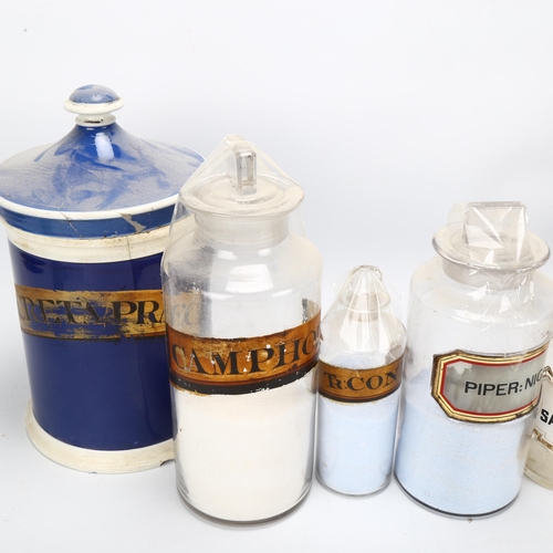 202 - A group of 19th century chemist's jars, including a blue glaze pottery lidded jar, height 27cm (9)