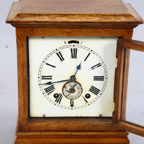 203 - A Victorian oak-cased 8-day office mantel clock, with alarm movement, case height 26cm