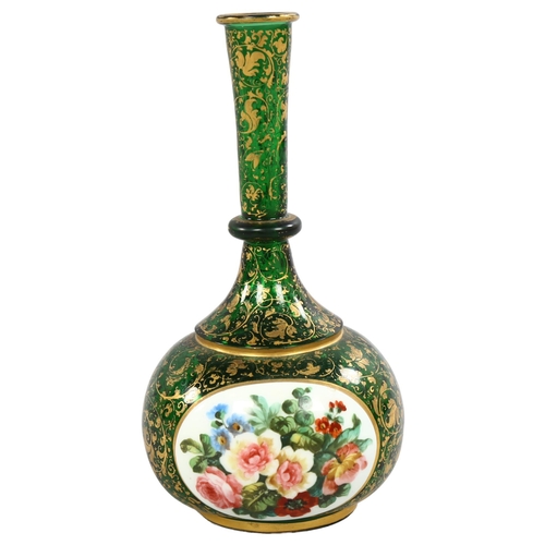 212 - A Bohemian green glass gilded flower decorated vase, height 21cm