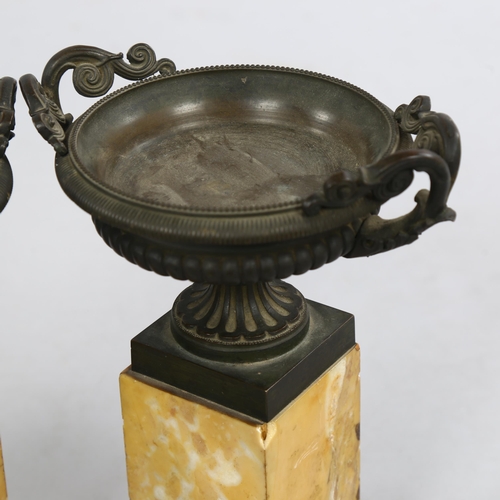 213 - A pair of 19th century bronze tazza urns on Sienna marble plinths, height 23.5cm