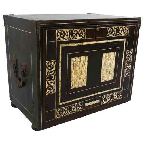 215 - An 18th century Italian ebonised table-top cabinet with ivory engraved panels of Classical form, wit... 