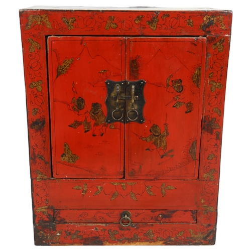 217 - An Antique Chinese hardwood lacquer table-top cabinet, height 51cm, depth 20cm, width 41cm