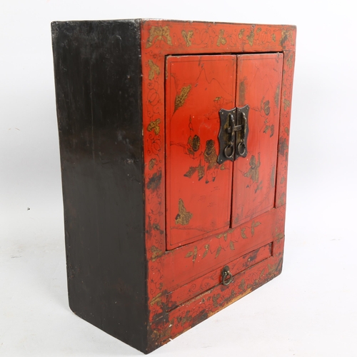 217 - An Antique Chinese hardwood lacquer table-top cabinet, height 51cm, depth 20cm, width 41cm