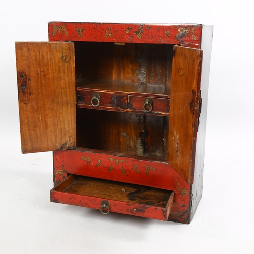 217 - An Antique Chinese hardwood lacquer table-top cabinet, height 51cm, depth 20cm, width 41cm