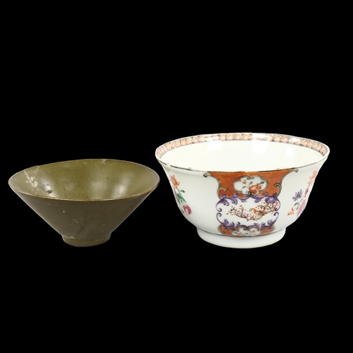 221 - An Antique Chinese export enamelled tea bowl, together with a green glazed tea bowl, largest diamete... 