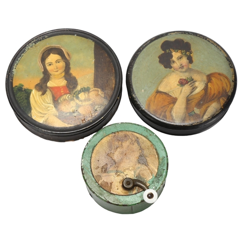 23 - 2 similar 19th century circular lacquer boxes decorated with portraits of young women, diameter 9cm,... 