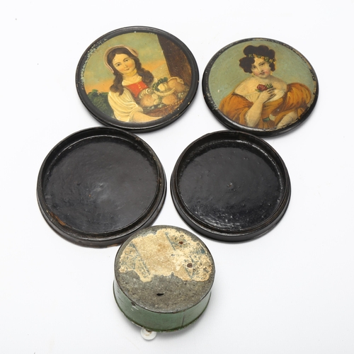 23 - 2 similar 19th century circular lacquer boxes decorated with portraits of young women, diameter 9cm,... 