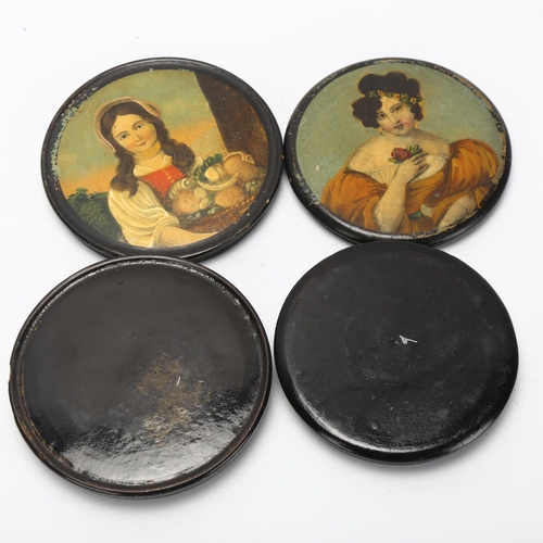 23 - 2 similar 19th century circular lacquer boxes decorated with portraits of young women, diameter 9cm,... 