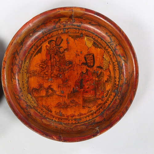 236 - 2 Chinese wooden and decorated lacquer plates, largest diameter 29cm