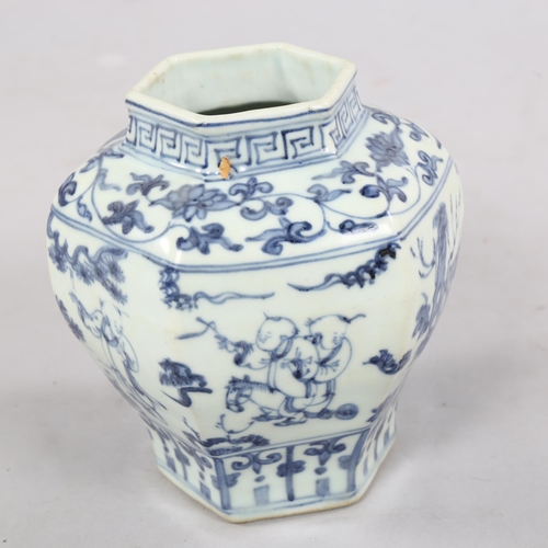 237 - A Chinese blue and white, hexagonal baluster vase, height 16cm