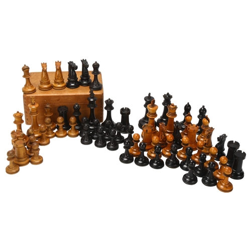 34 - 2 Staunton pattern chess sets, boxwood and ebonised, King height 9cm, full sets with some replacemen... 