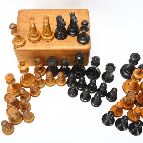 34 - 2 Staunton pattern chess sets, boxwood and ebonised, King height 9cm, full sets with some replacemen... 