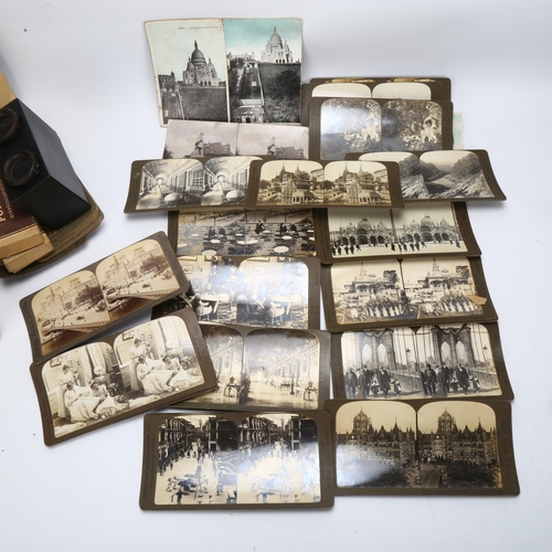 36 - A Victorian stereoscopic slide viewer, collection of stereoscopic cards, and a small French stereosc... 