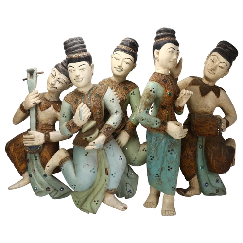 56 - A group of 5 Indian carved and painted wood wall-hanging musician figures, early to mid-20th century... 