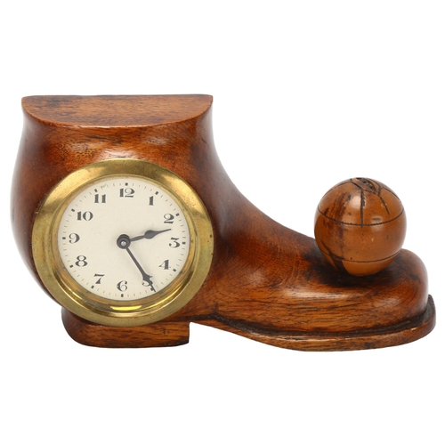 60 - FOOTBALL INTEREST - Victorian oak novelty desk clock in the form of a football boot and ball, 8-day ... 