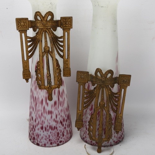 63 - A pair of mottled opaque glass vases with applied cast gilt-metal mounts, height 46cm