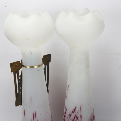 63 - A pair of mottled opaque glass vases with applied cast gilt-metal mounts, height 46cm