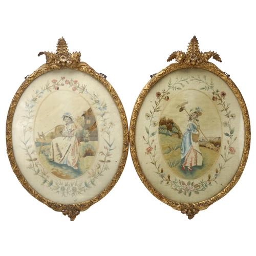 64 - Pair of 19th century silk embroidery pictures depicting country girls, original gesso frames with fe... 