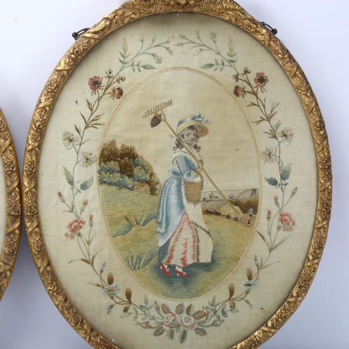 64 - Pair of 19th century silk embroidery pictures depicting country girls, original gesso frames with fe... 