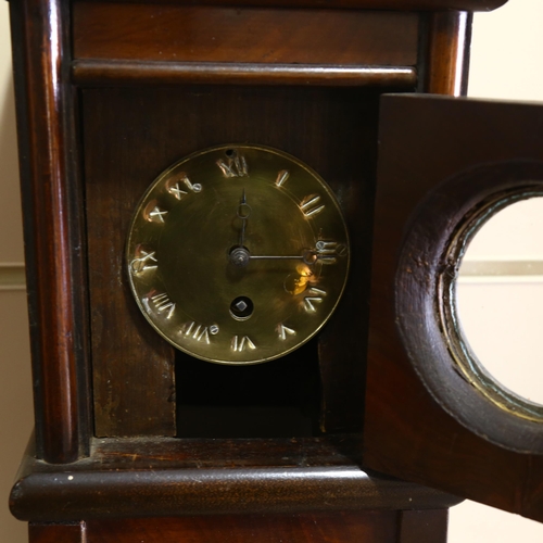 67 - An unusual 19th century mahogany floor standing 4-pillar clock, with brass dial, 8-day movement and ... 