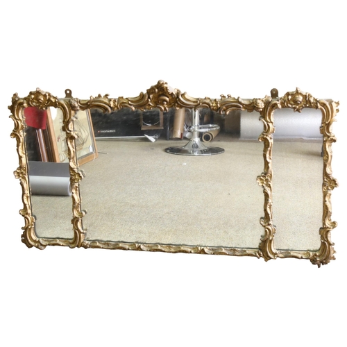 70 - An ornate Victorian gesso-framed 3-glass over-mantel mirror, in Rococo style swept frame, overall wi... 