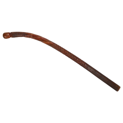 87 - A Fiji carved hardwood war club, with chip carved handle and twist decorated stem, length approx 89c... 