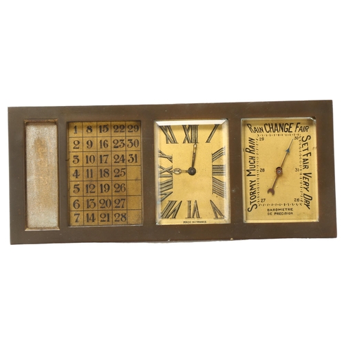 9 - A French Art Deco combination desk clock/barometer/calendar, with gilded dials and brass strut case,... 