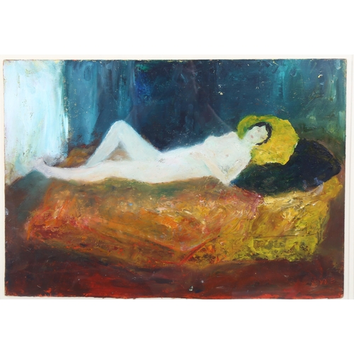 501 - Sylvia Levine (1911 - 1998), reclining nude on bed, oil on board, circa mid-20th century, signed, 32... 