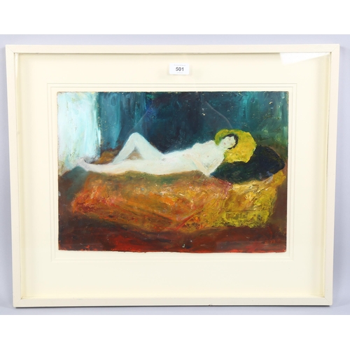 501 - Sylvia Levine (1911 - 1998), reclining nude on bed, oil on board, circa mid-20th century, signed, 32... 