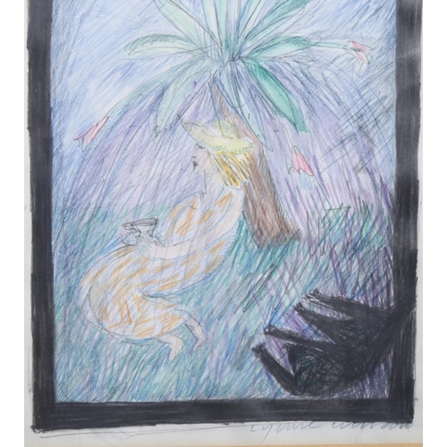 506 - Lynne Curran, take me to Bali, watercolour, 14cm x 21cm, and tea under the tulip tree, crayon/pencil... 