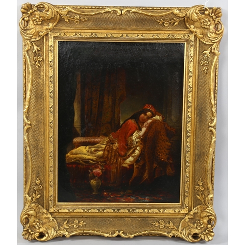 512 - 19th century Orientalist School, Classical woman reclining on a chaise, oil on canvas, unsigned, 44c... 