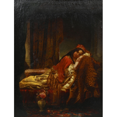 512 - 19th century Orientalist School, Classical woman reclining on a chaise, oil on canvas, unsigned, 44c... 