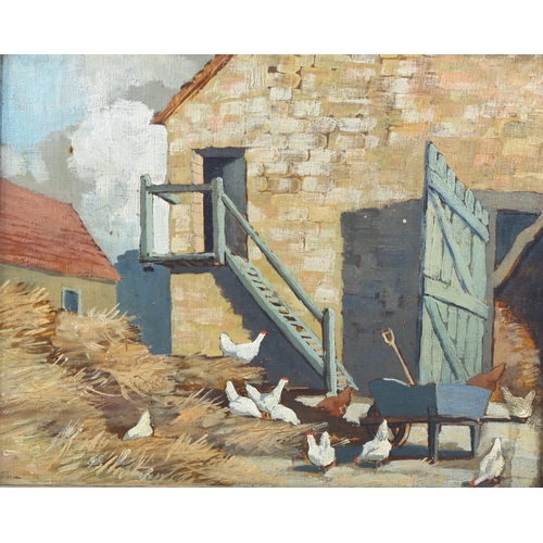 514 - 20th century British School, farmyard scene, oil on board, unsigned, dated 1935 verso, 26cm x 32cm, ... 