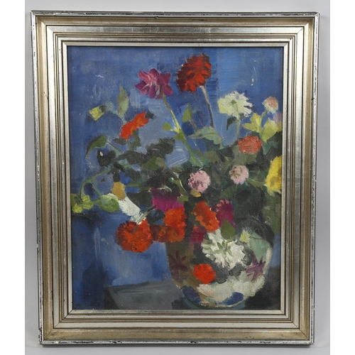 517 - Muriel Curr, dahlias, oil on canvas, artist's label verso, 51cm x 41cm, framed