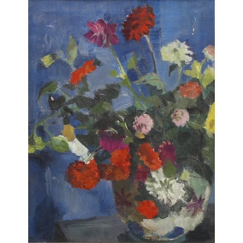 517 - Muriel Curr, dahlias, oil on canvas, artist's label verso, 51cm x 41cm, framed